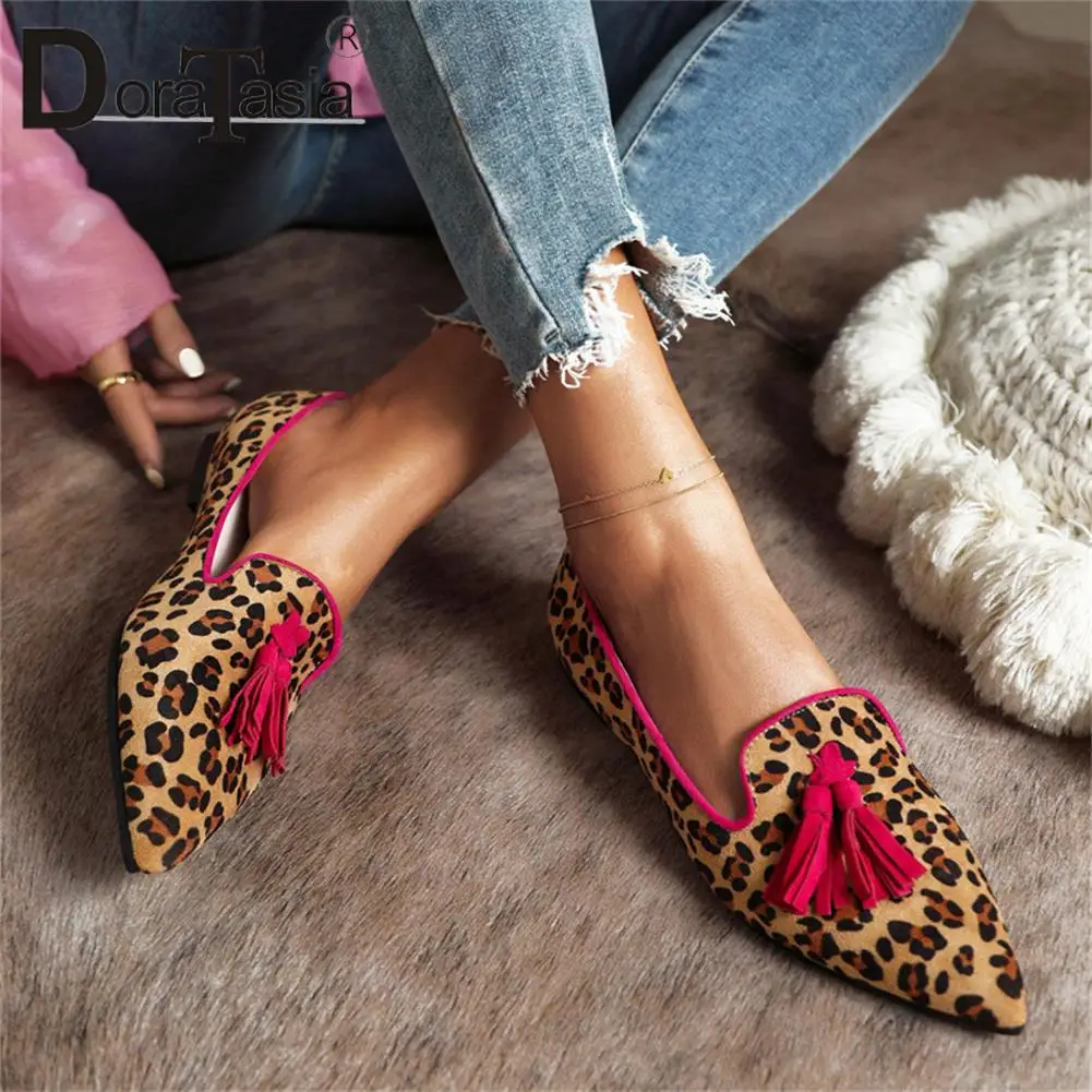 Big Size 43 Brand Design Ladies Pointed Toe Loafers Fashion Fringe Leopard Mixed Colors women's Flats Casual Soft Woman Shoes