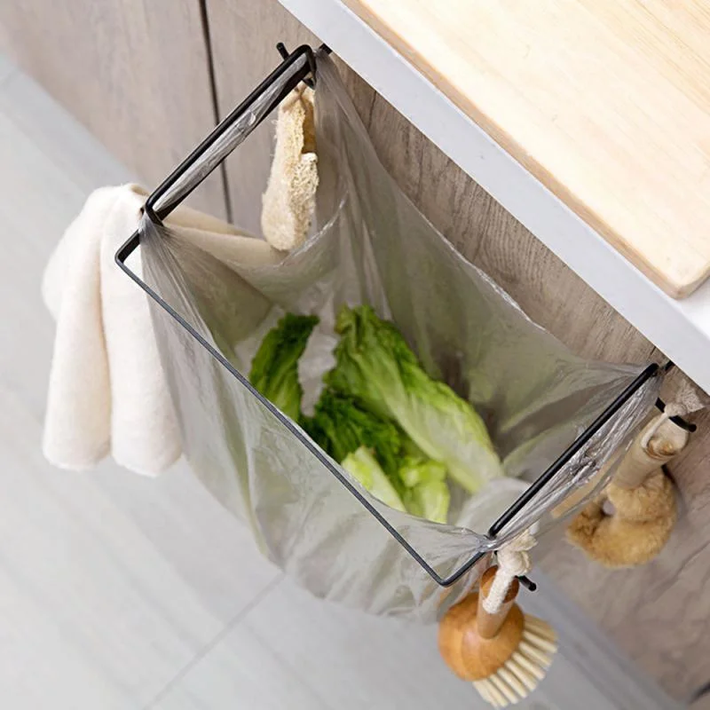 Metal Trash Rack Kitchen Cupboard Door Back Hanging Plastic Waste Bag Storage Stand Garbage Bracket Rubbish Bag Holder Frame