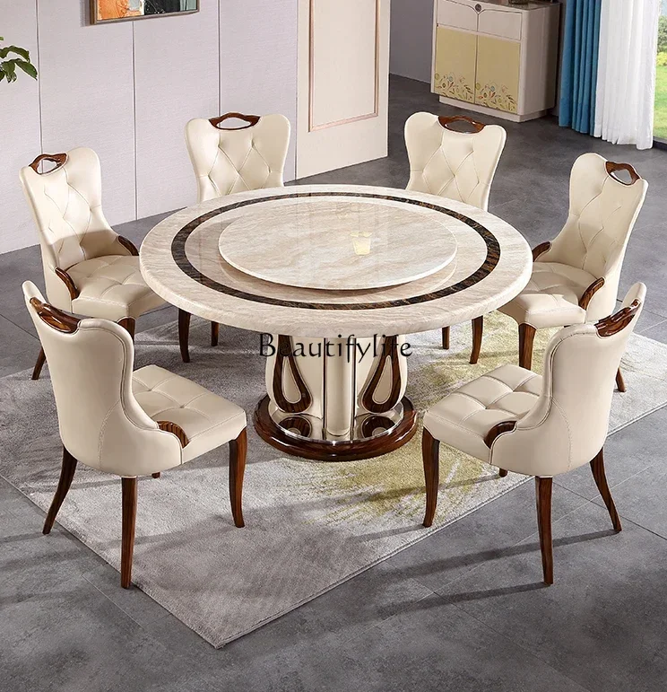 Luxury Marble European-Style Light Beige Dining Table and Chair Assemblage Zone Turntable