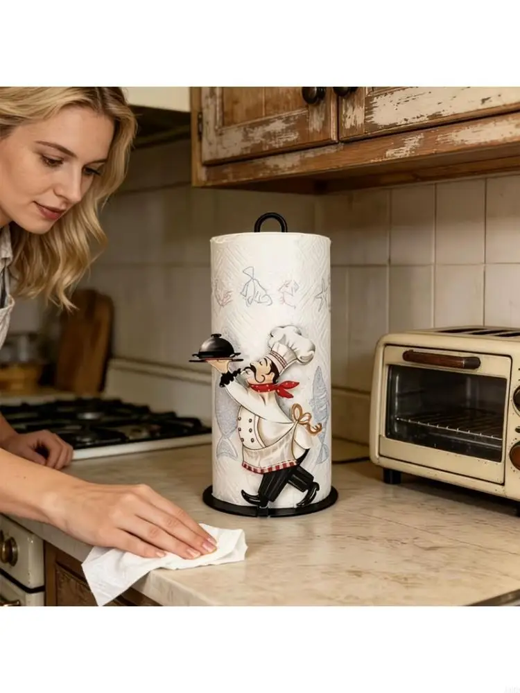 Cook Character Paper Towel Holder for Kitchen Counter, Freestanding Tissue Roll Stand with Round Base and Acrylic, and Metal