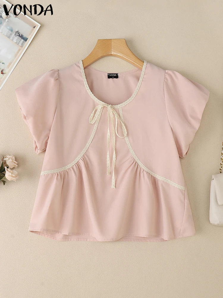 VONDA Fashion Lace Blouse 2025 Summer Women Tops Casual Short Puff Sleeve Bow Shirts Loose Elegant O-Neck Korean Blusas Tops