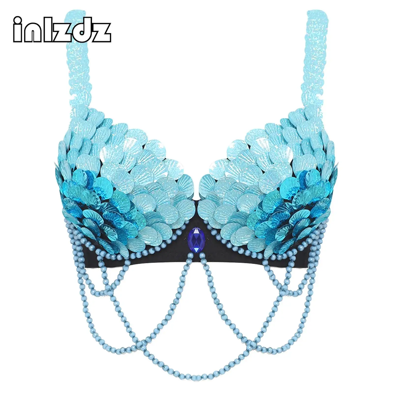 

Womens Belly Dance Bra Top Fish-scale Sequins Push-up Underwire Bralette Balconette Mermaid Cosplay Performance Dancing Costume