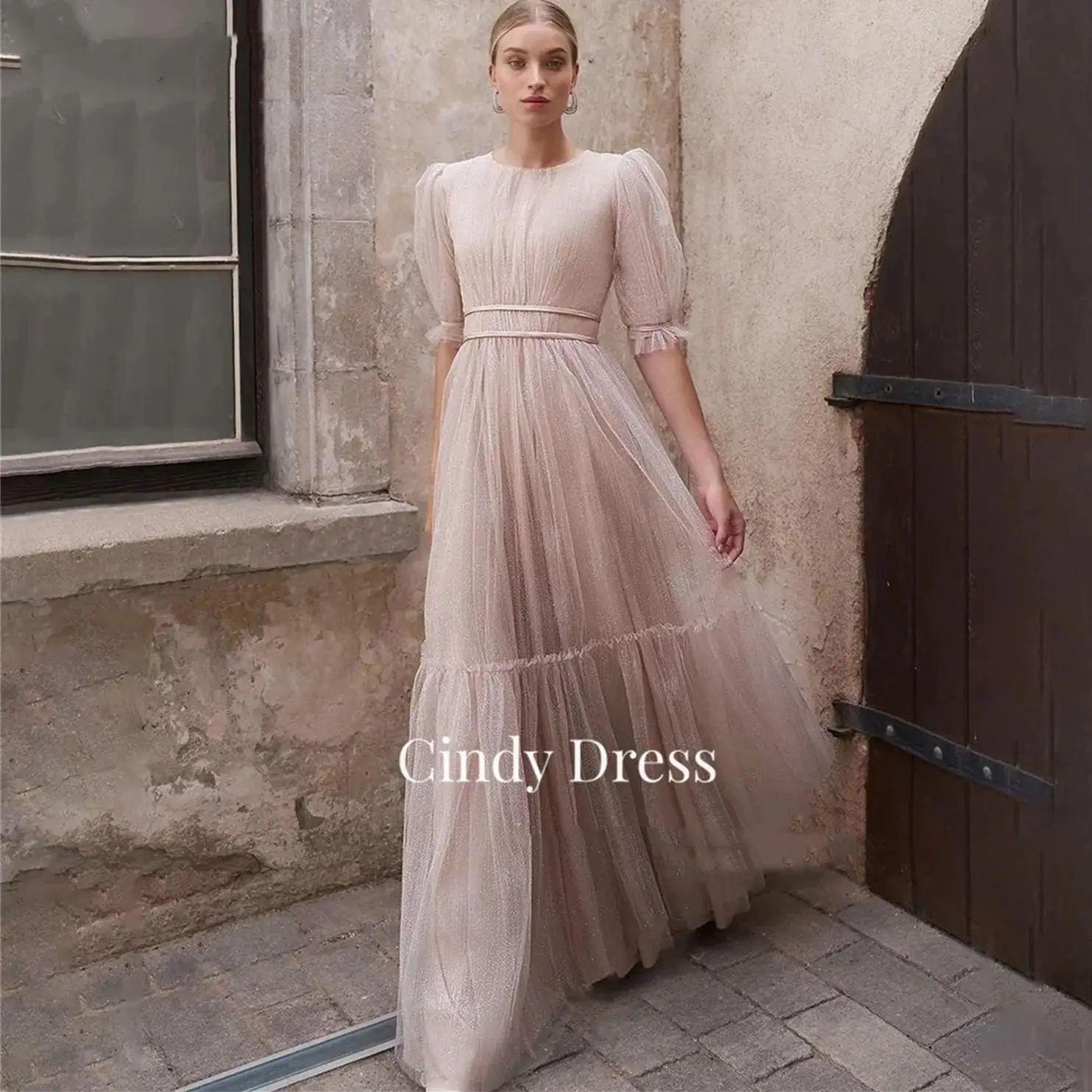 

Cindy Round Neck Puff Sleeves Belt Flesh Pink Layered Chubby Elegant Party Dresses Evening Woman Gala Prom Wedding Dress 2024