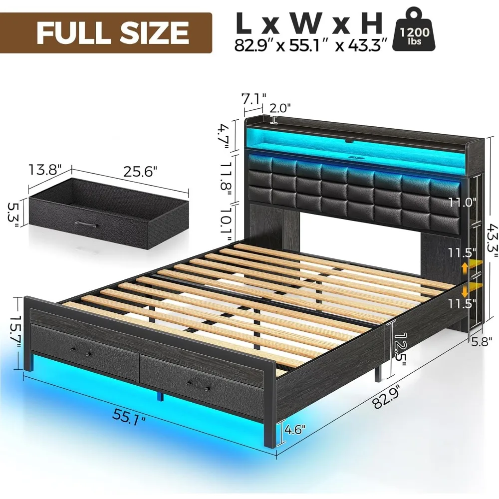 Cama de plataforma estofada em tamanho real com armazenamento, cabeceira, 2 gavetas, estação de carregamento e luz LED