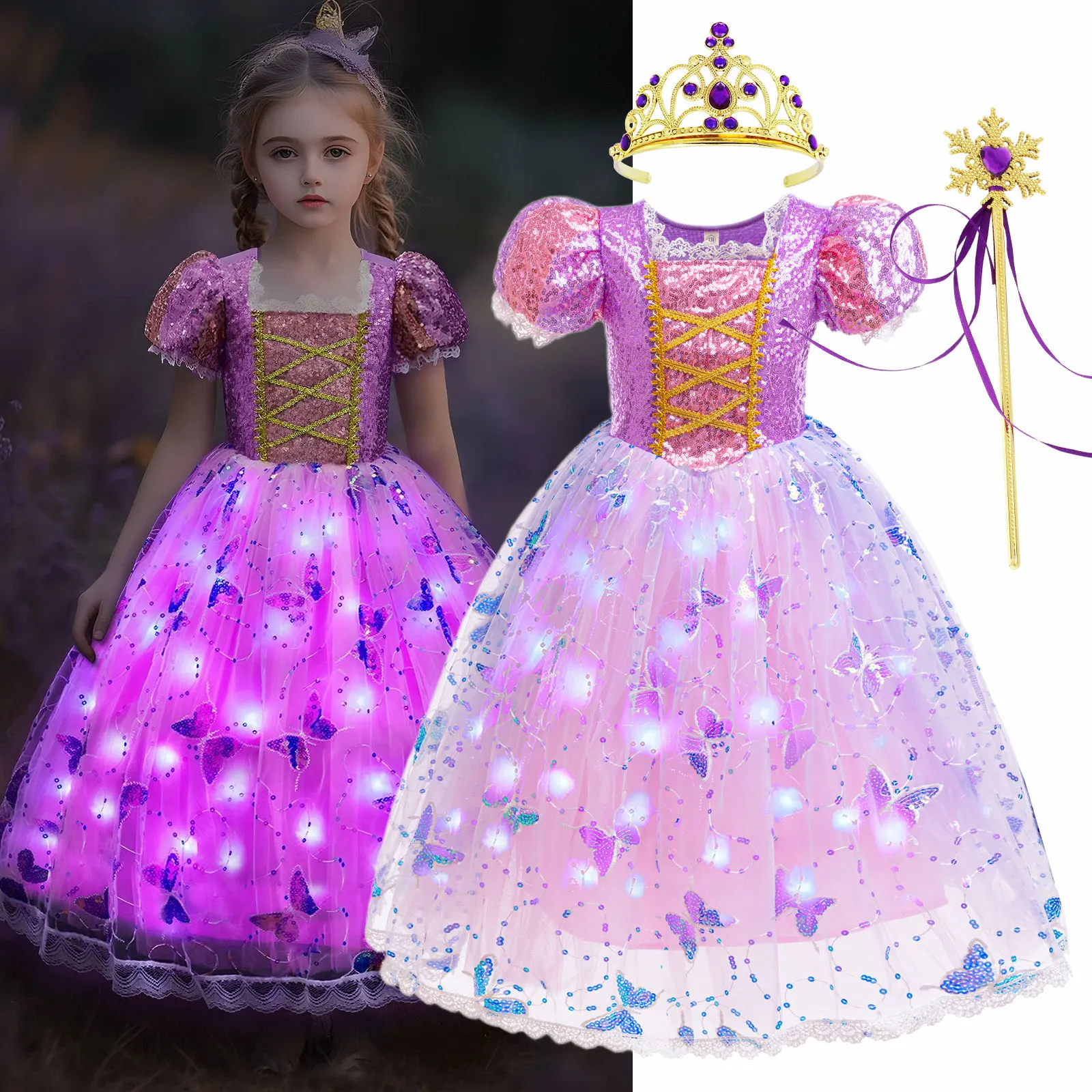 Girls Purple Glowing Princess Dress Puff Sleeve Sequin Bodice Butterfly Tulle Gown Kids Halloween Party Cosplay Rapunzel Costume