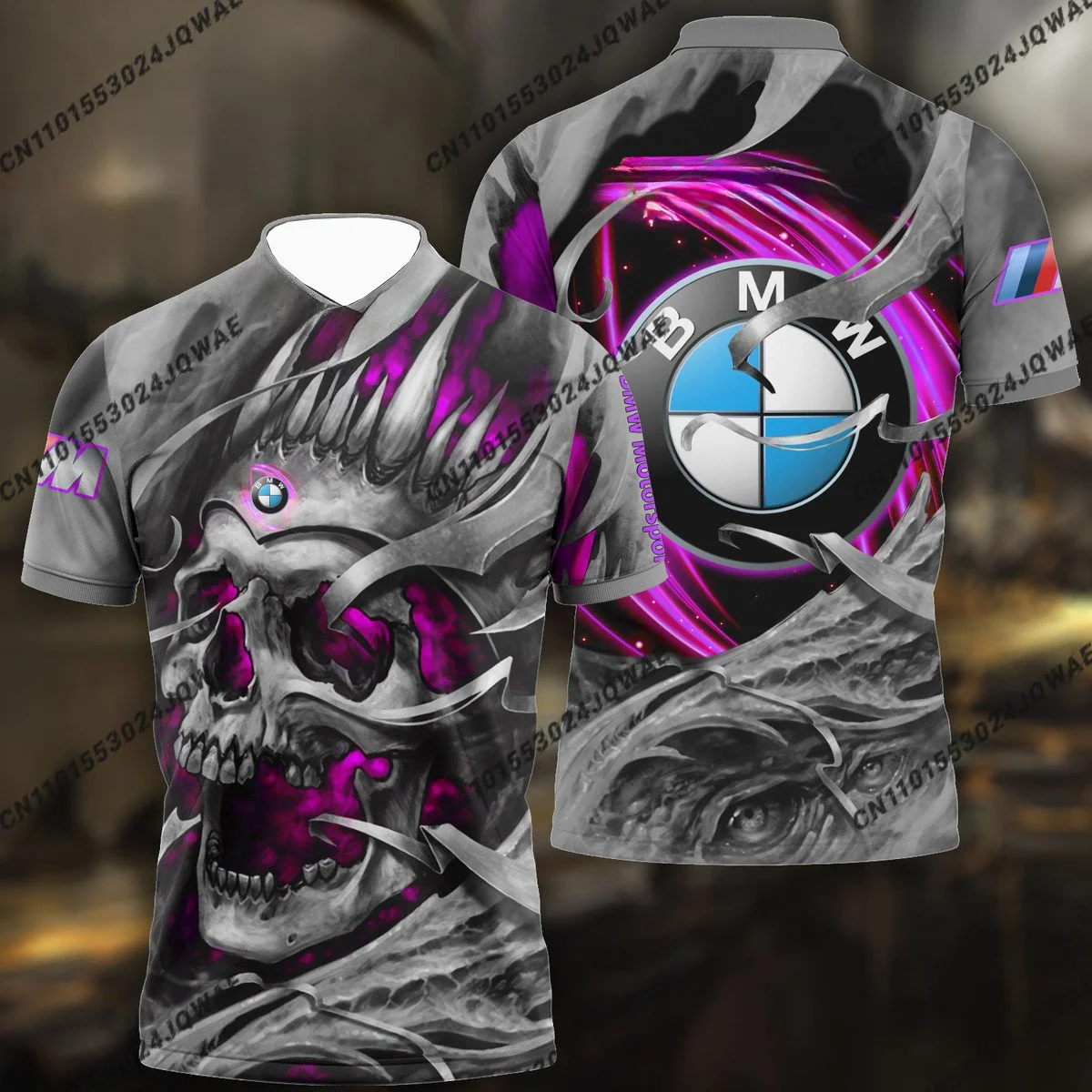 

Men Motorcycle Racing High-Quality Fashionable Casual Tee BMW Halloween Shirt Skull Print Horror Season Short Sleeved Sports Top