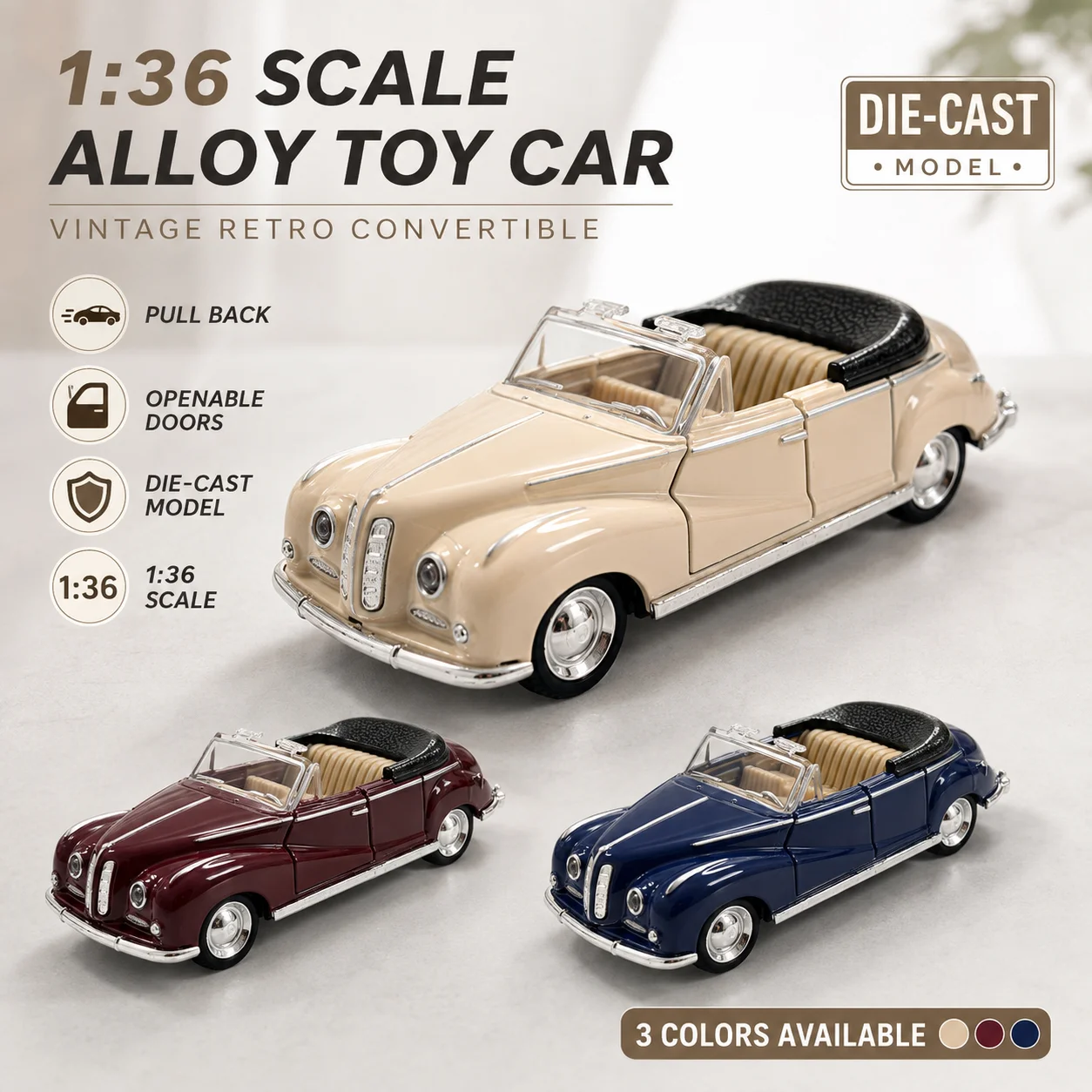 (Corrugated Box) 1/36 Scale, Retro Soft-Top Roadster Style Toy Car, Powerful Spring, Metal Casting, Boy's Toy, the Best Gift.
