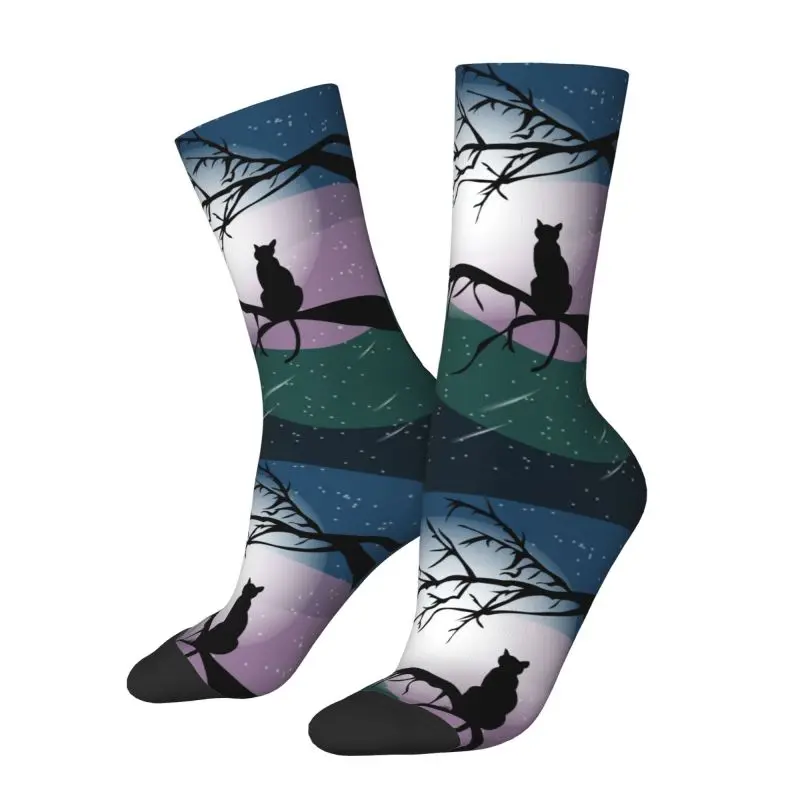 Custom Black Cat On A Beautiful Night With Full Moon Mens Crew Socks Unisex Novelty 3D Printed Dress Socks