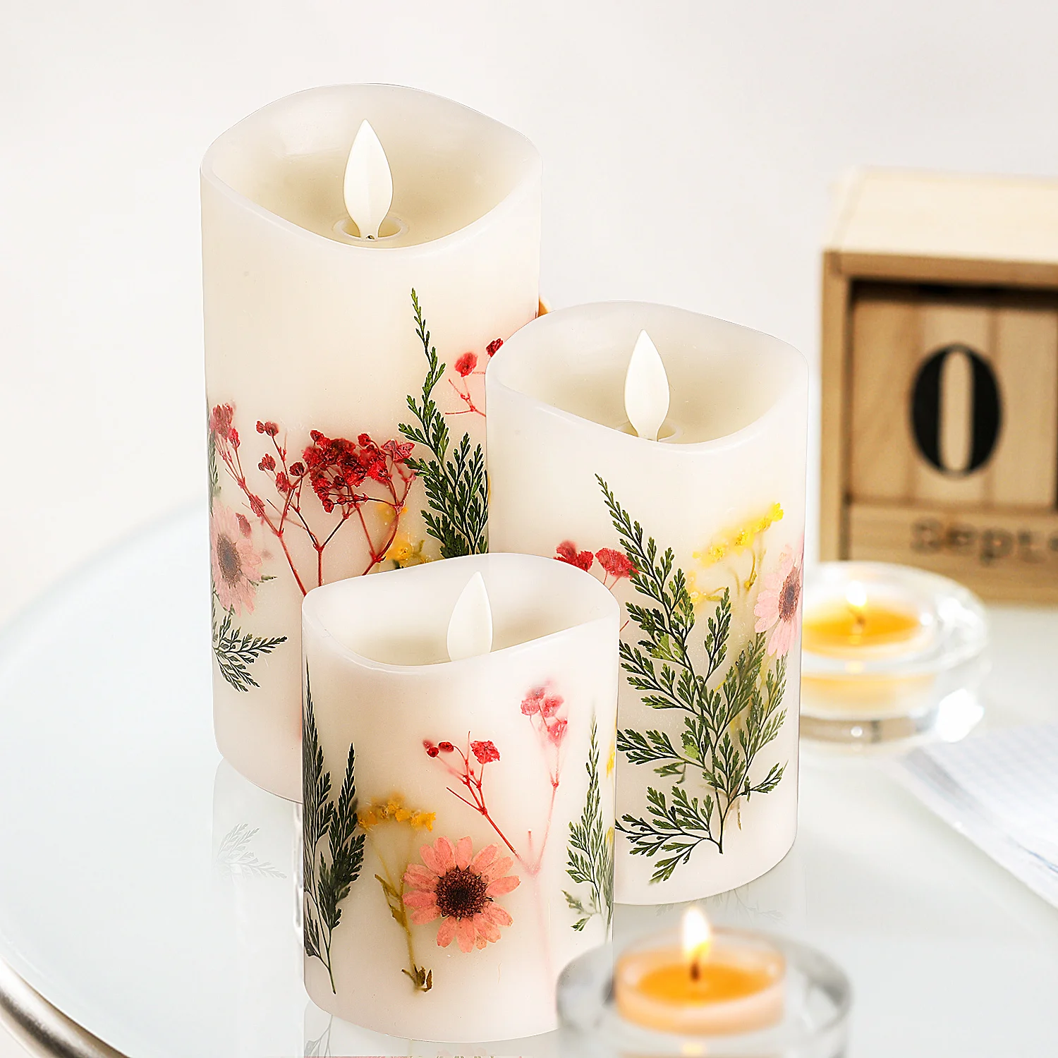 Flameless LED Candles with Flower Decoration Romantic Home Decor Wedding Table Centerpiece Battery Operated Candles Lights