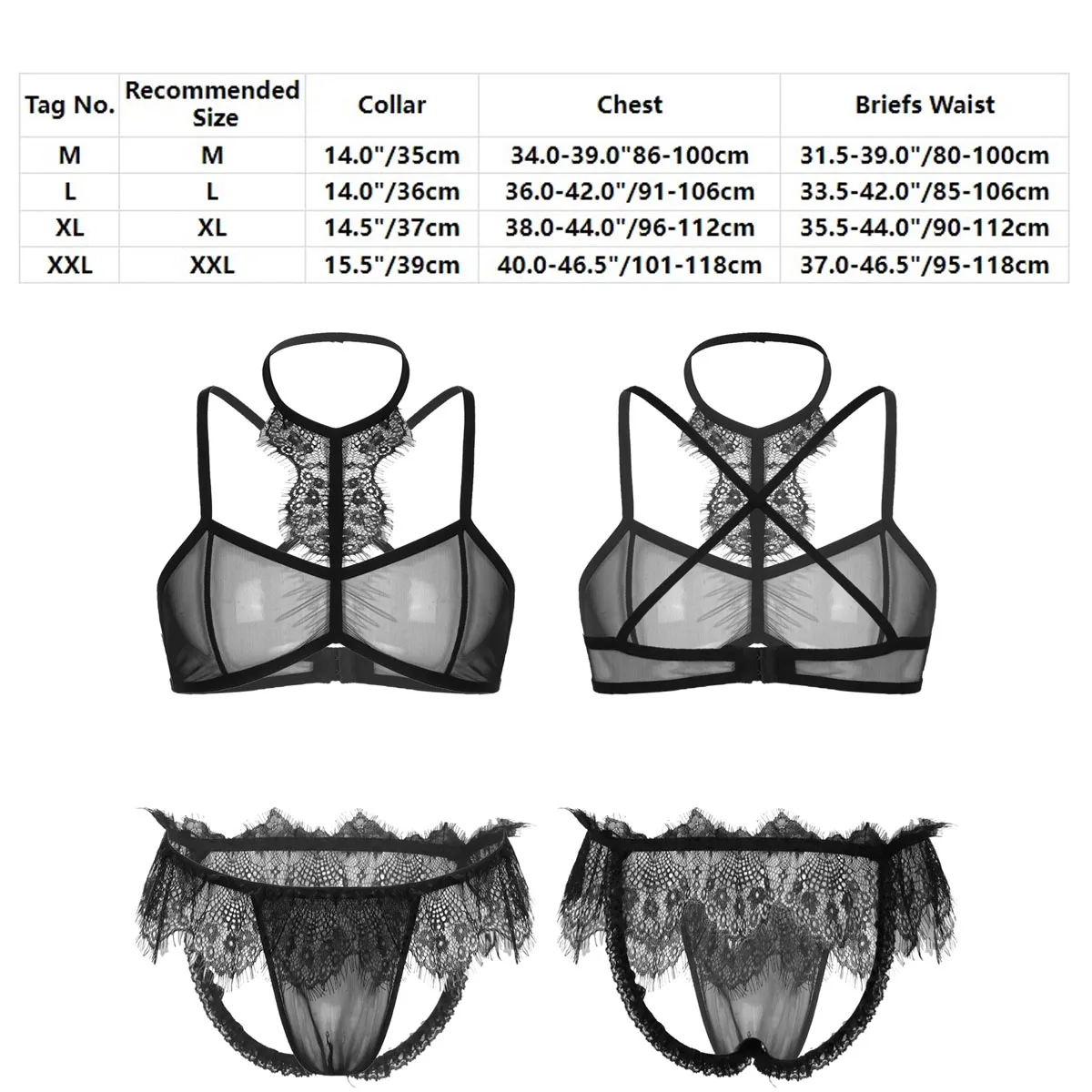 Mens Sissy Lingerie Set 2Pcs Sheer Mesh Lace Halter Bra Top with Open Butt G-strings Thongs Panties Gay Crossdressing Underwear