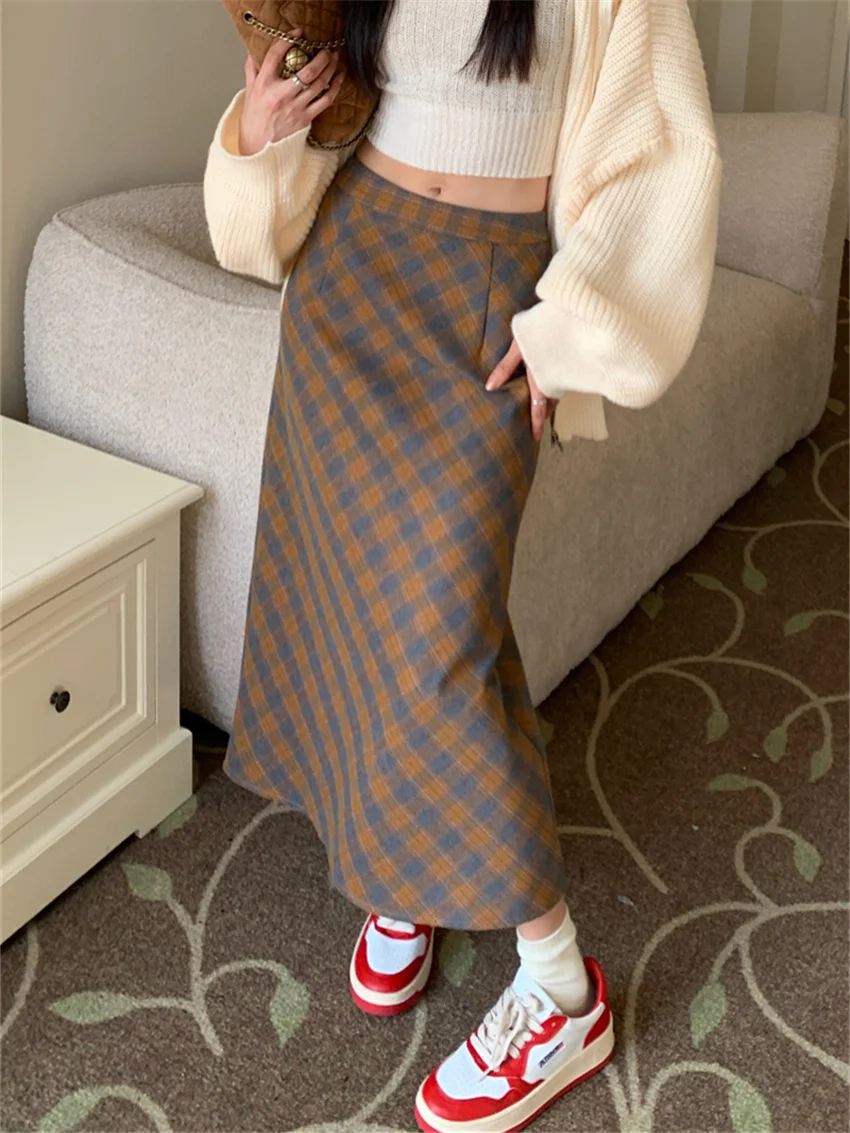 

Alien Kitty Vintage Slim Long Skirts Women Split Plaid Chic 2024 Elegant OL Daily High Waist Spring Office Lady Fashion