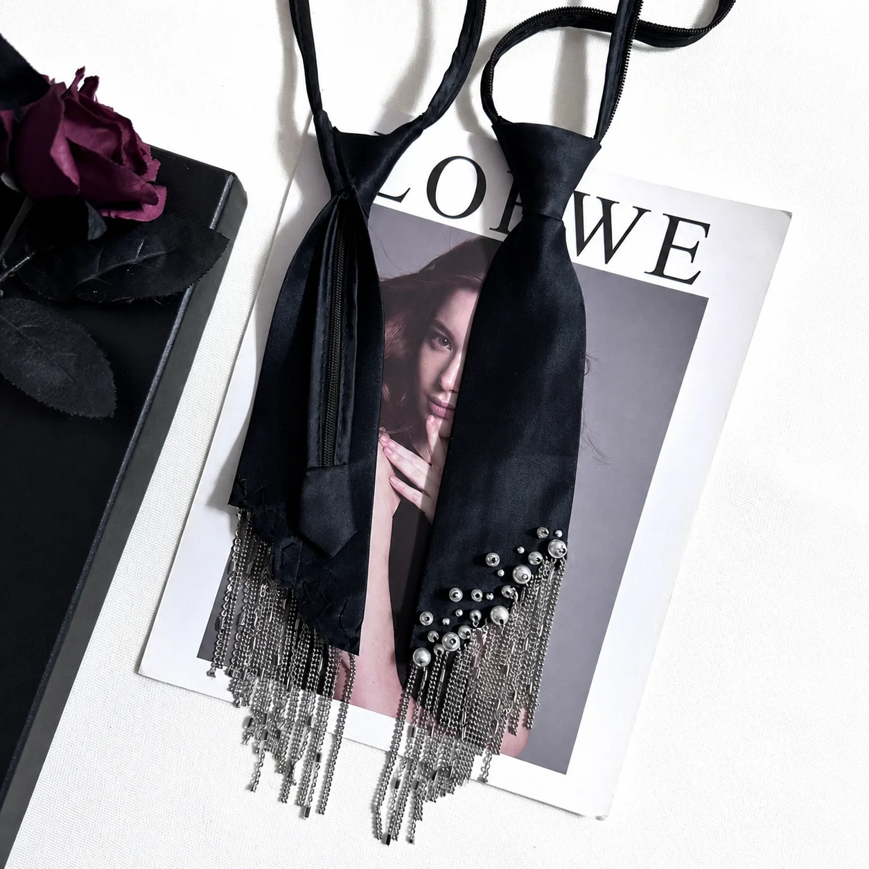 Adjustable Zipper Tie Trendy Women'S Fashion Tie Metal Tassel Necktie Heavy-Duty Black Decorative Tie For Parties Women Blazers