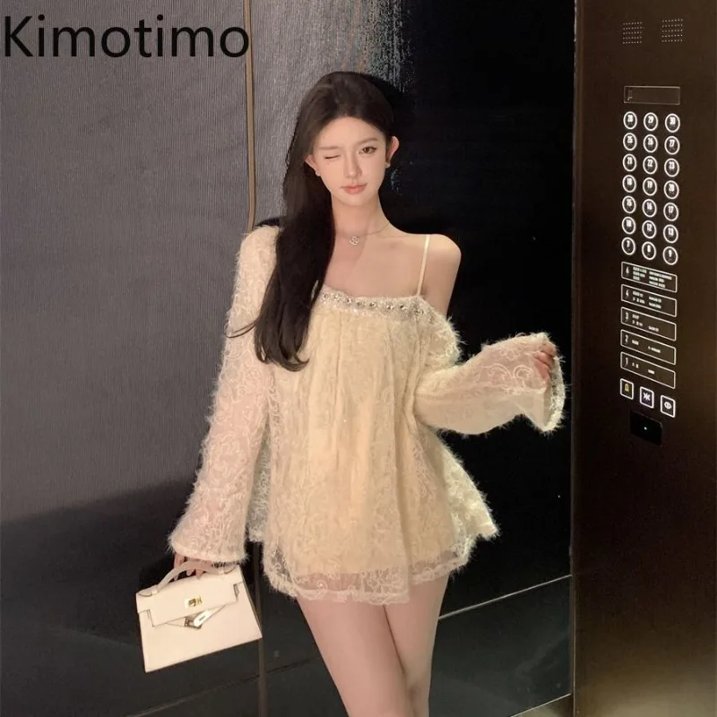 Kimotimo Y2k Diamonds Off Shoulder Swearer Women 2024 Autumn Sexy Loose Long Sleeve Pullover French Elegant Party Knitted Tops