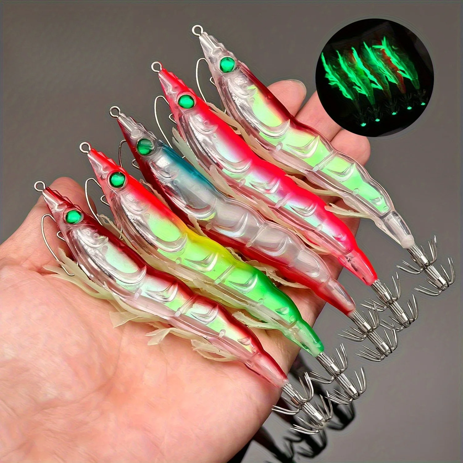 5-Piece Set of Luminous Squid Lures, Multi-Colored Abs Material with Stainless Steel Hooks, Fishing Bait with Realistic Shrimp and Squid Design, Suitable for Sea Fishing, Holiday Gift Box Packaging