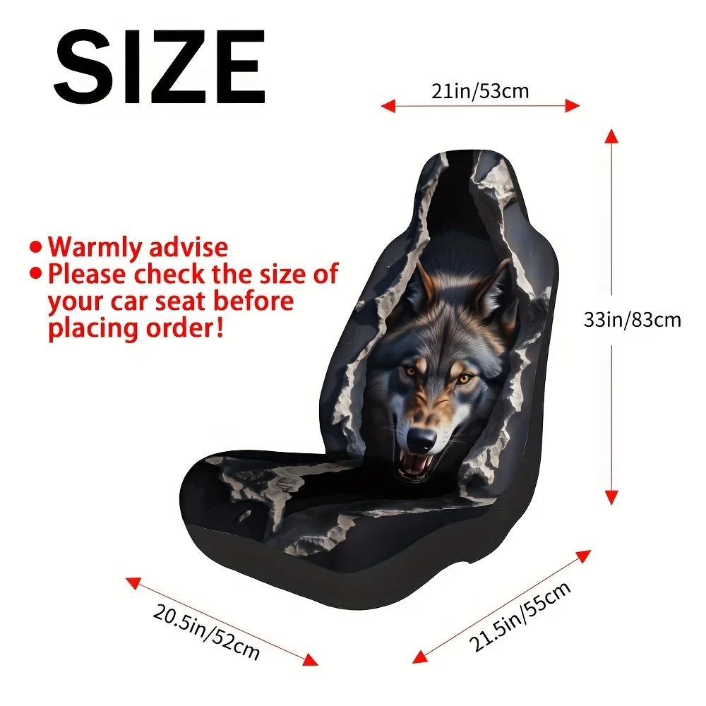 2pcs Modern Aggressive Wolf Animal Portrait Print Front Seat Covers - Soft, Washable, Universal Fit For Car Enthusiasts & Family