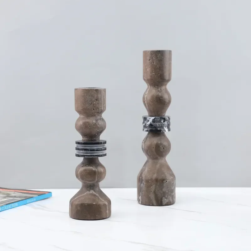 New Chinese Style Wabi Sabi Coffee Color Travertine Splicing Candlestick Ornament for Restaurant Living Room Hotel Model Room