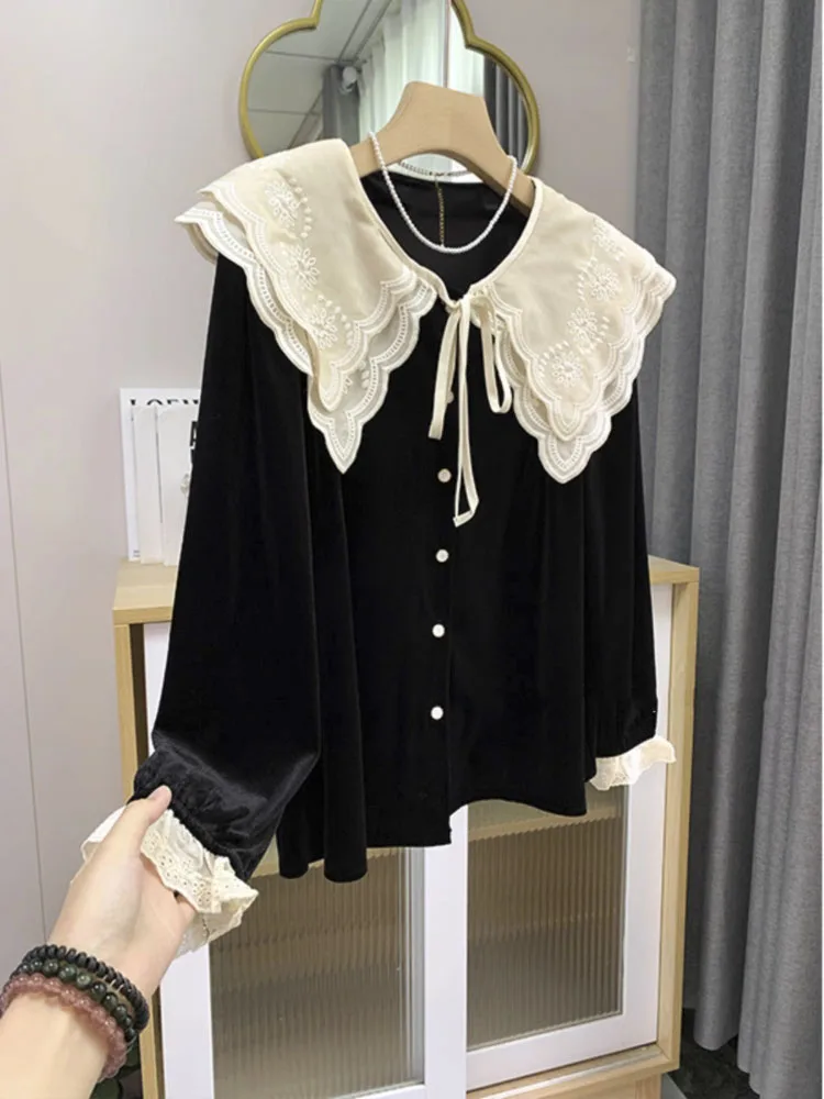 Doll Collar Vintage Blouse Women Loose Long-Sleeved Baggy Lace Lace-up Shirt Premium Comfortable Top