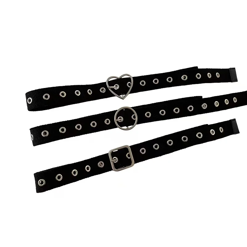 Perforated black canvas belt student unisex whole jeans metal cutout extended belt with hipster waistband