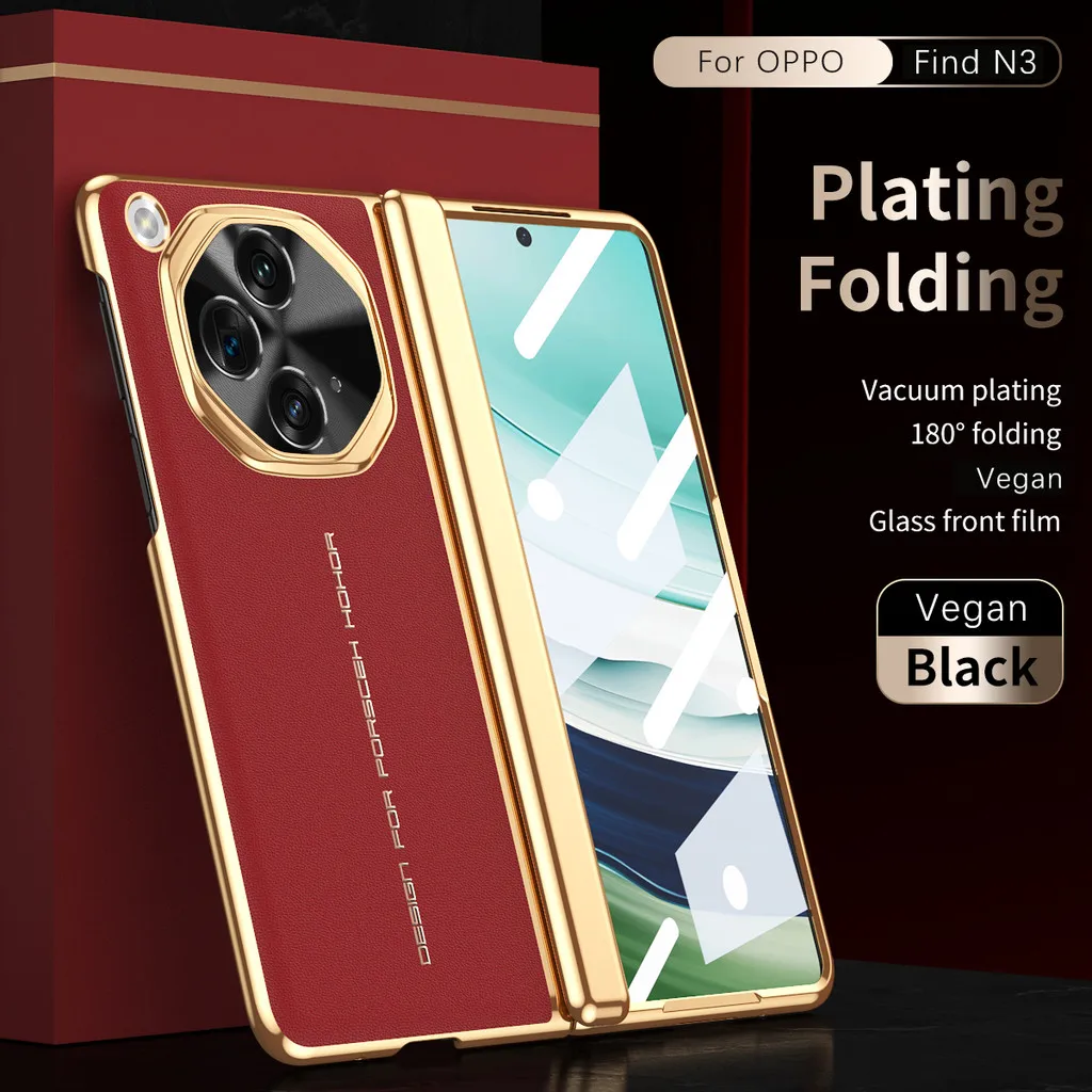 

Luxury Plain Leather Phone Case For OPPO Find N3 OnePlus Open Electroplated Frame Leather Back Cover