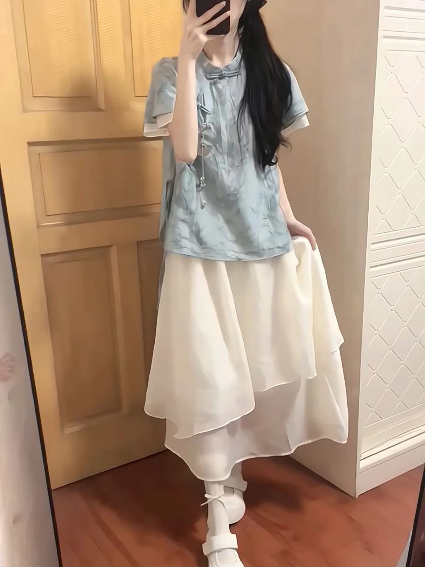

Summer New Chinese Style National Trend Improved Hanfu Top High Waist Asymmetrical Skirt Women Student Two Piece Set