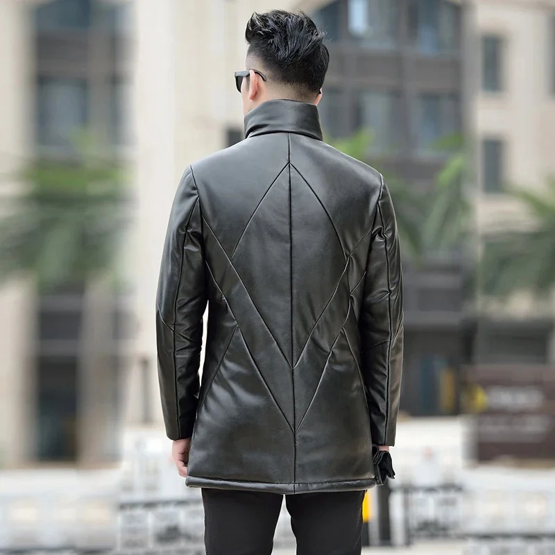 Winter Puffer Jacket Leather Mid To Long Style Coat Down Men Slim Fit Casual Fashion Warm Sheepskin