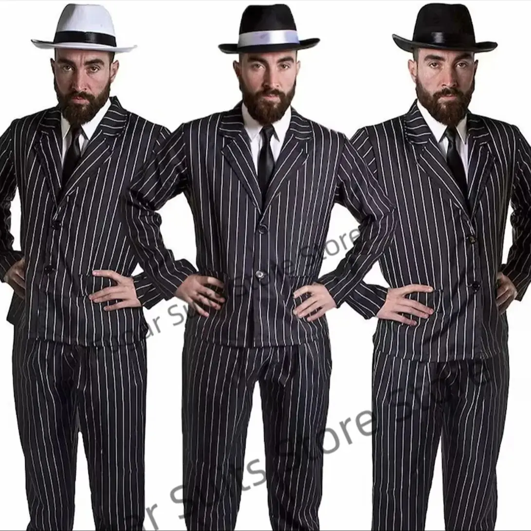 Fashion Men Suits Gangster Costume Adult Pinstripe Suit 1920\'s Fancy Dress Mafia Mobster 2 Pieces Sets Handsome Male Blazer