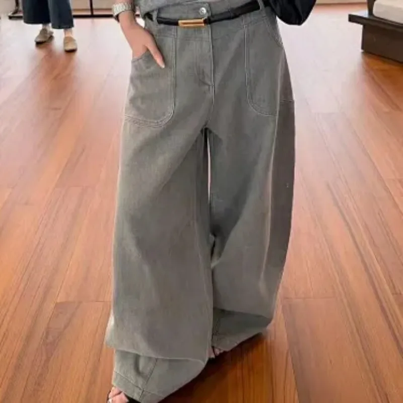 Women American Retro Loose Wide Leg Jeans Washed Curved Big Pocket Draped Floor Length Casual Denim Trousers