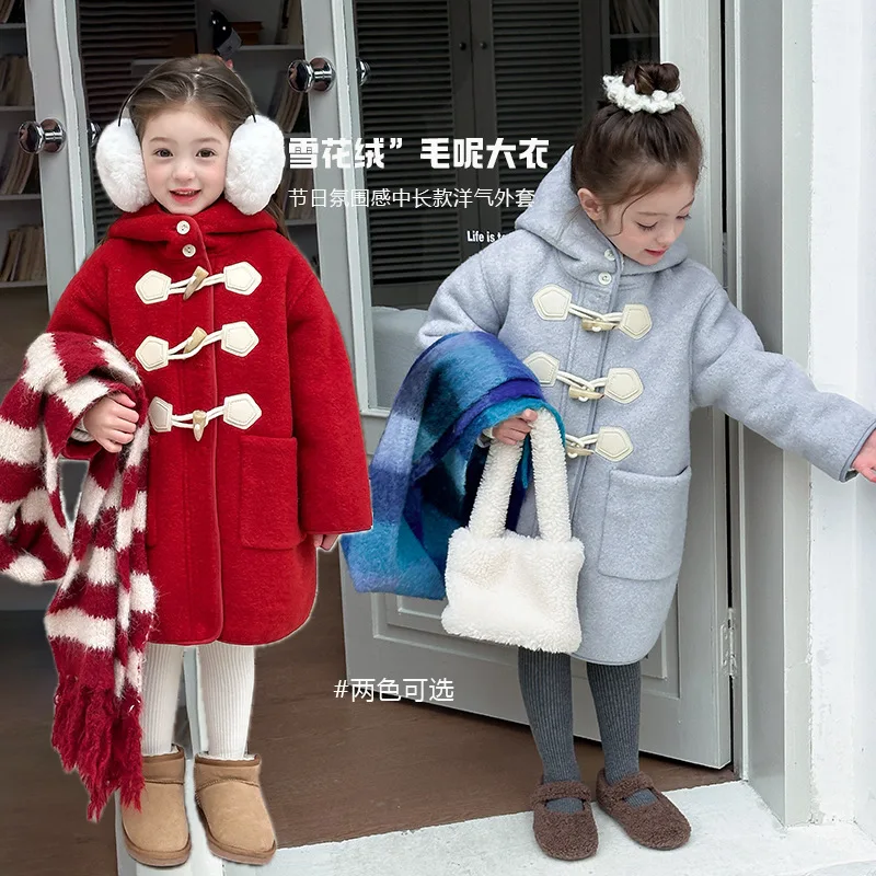 

Girls New Year's Temperament Medium and Long Hooded Woolen Coat