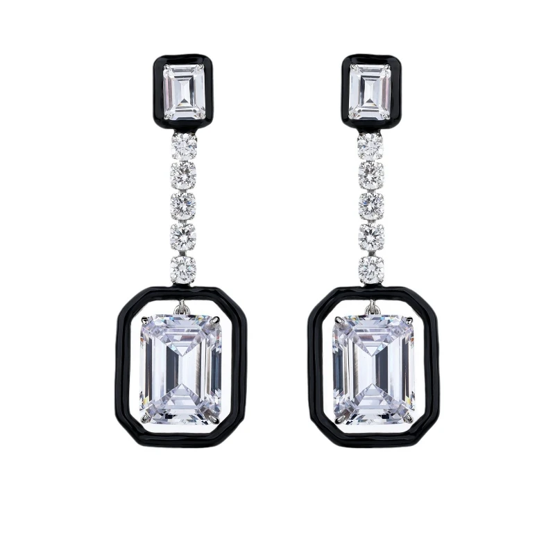 Bellux 925 Silver Earrings Synthetic Zircon Fashion Black Enamel Rectangular White Gemstone Pendant Earrings