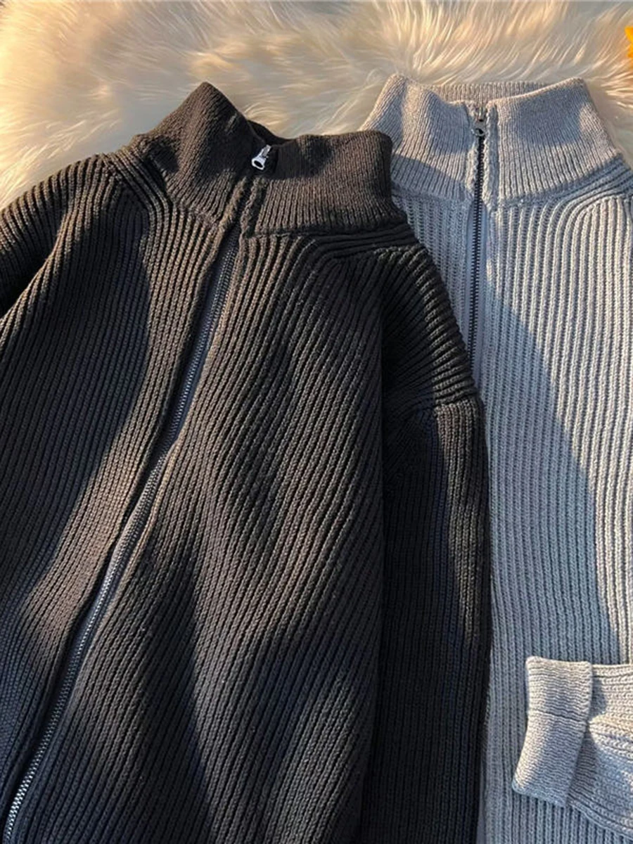 レトロ日本 Thiened 暖かいニットジッパーカーディガンメンズ秋冬トレンディなルーズアウタースタンドカラーセーター