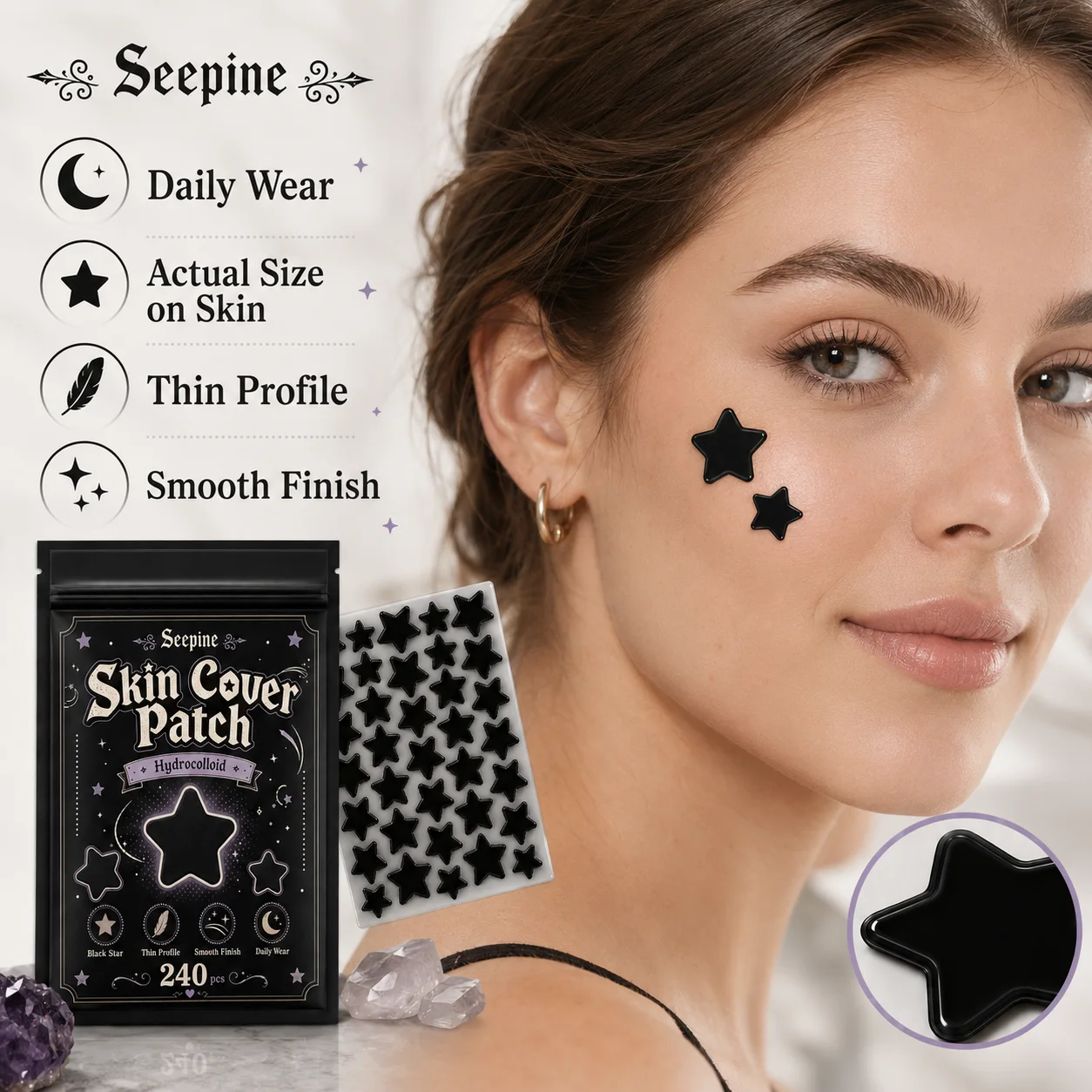 240pcs Black Star Patches, for Facial Coverage, Conceals, Blocks Dust, Powder-Proof, Sweat-Proof, for Decoration, Photos
