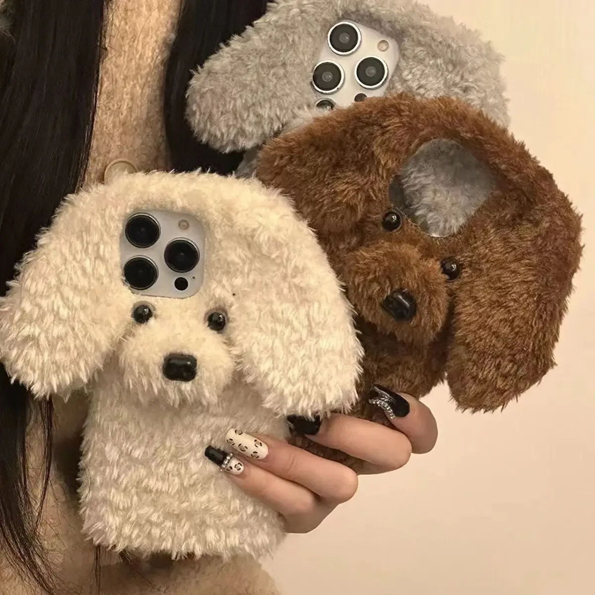 3D Teddy Dog Fluffy Phone Case for IPhone 16 Pro Max 16Pro Plush Hair Fluff Toy Soft Case for Iphone 15 14 13 12 11 Pro Max