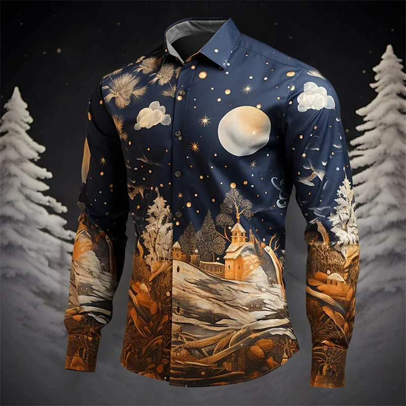 

Fashionable Christmas Latest Snowflake Pattern Men's Long Sleeve Shirt Casual Beach Vacation Men's Shirt