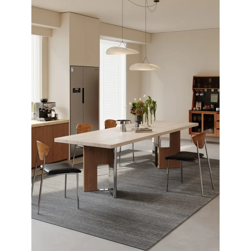 

Stone slab dining table, household small apartment dining table, French retro solid wood rock slab dining table