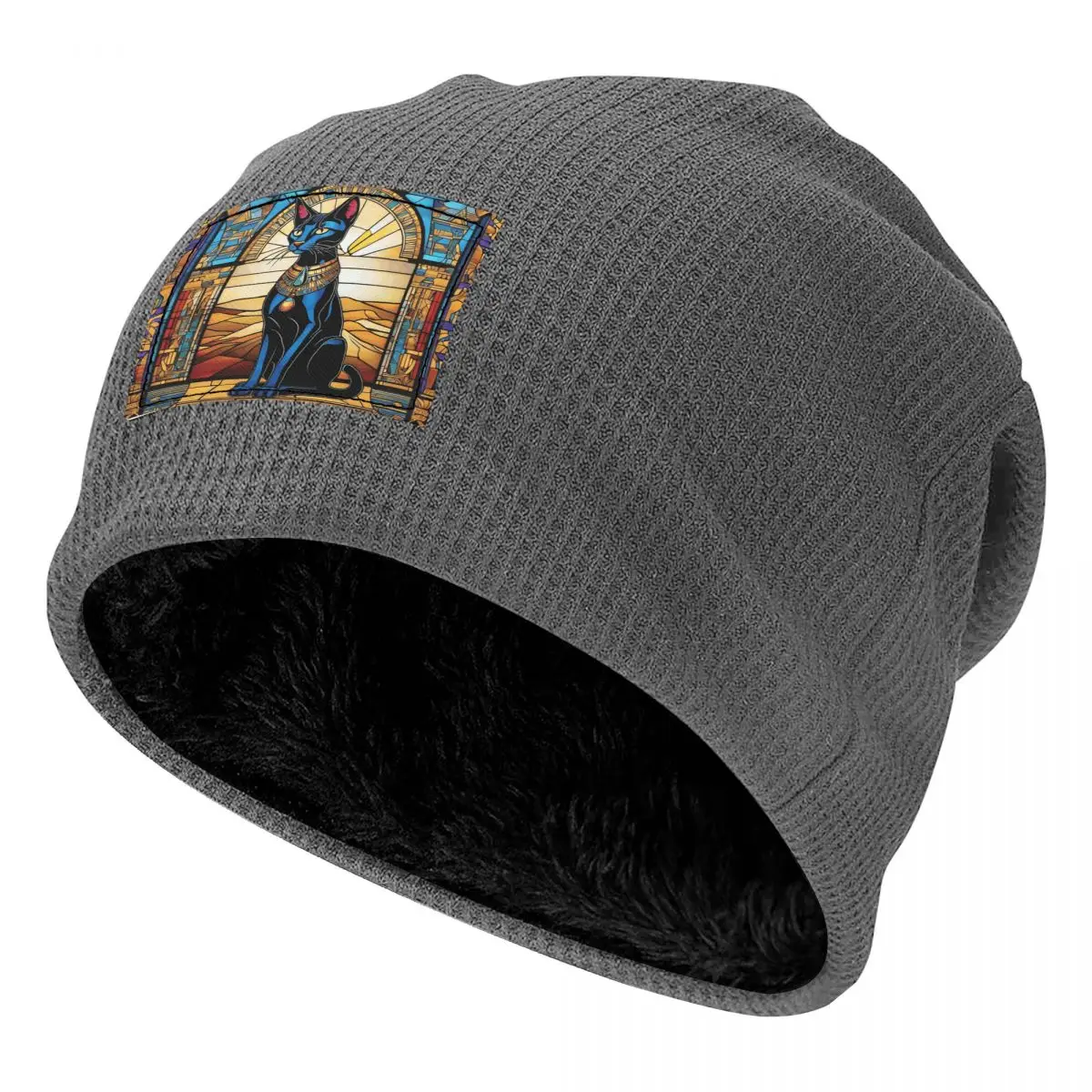 Egyptian Cat. Waffle Knit Fleece Lined Beanie with PU Leather Patch Unisex Warm Winter Soft Cap