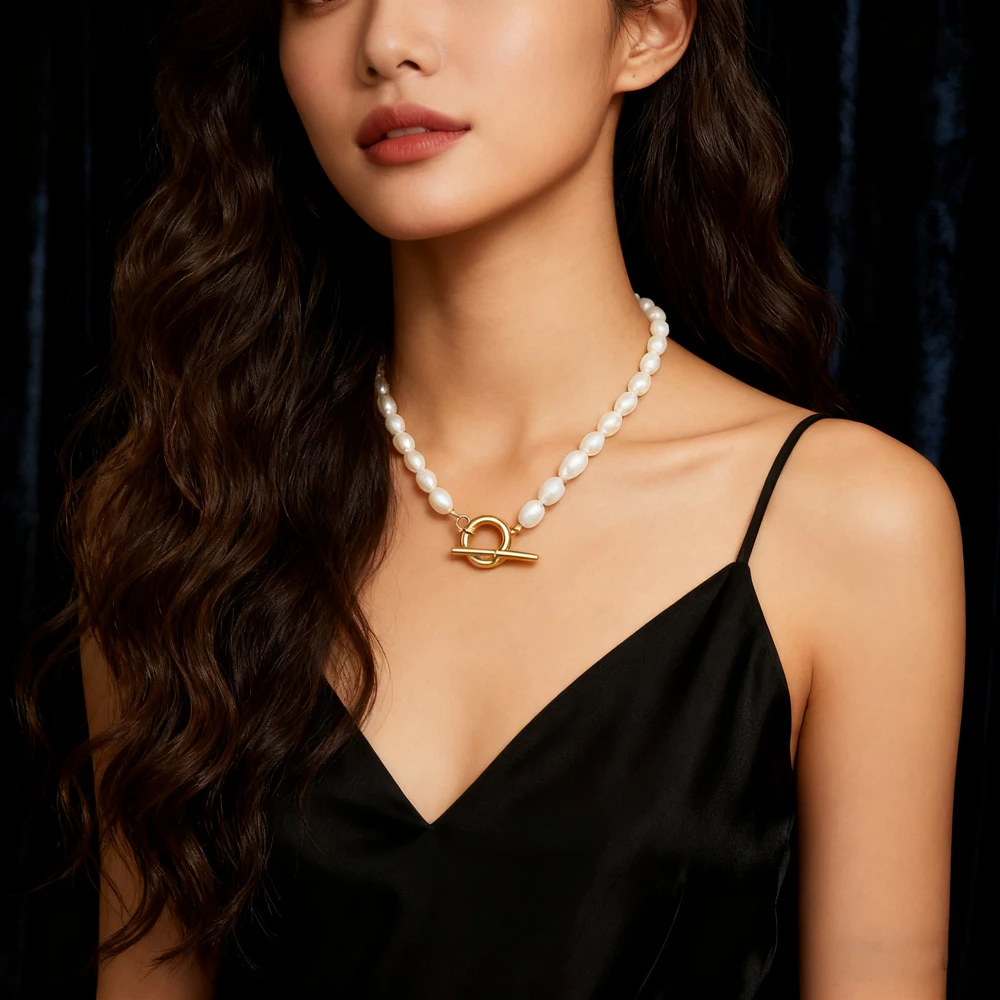 Dainashi 5-6mm Rice Shape Freshwater Pearl Necklace for Women Handmade OT Buckle Dainty Statement Jewelry Gift