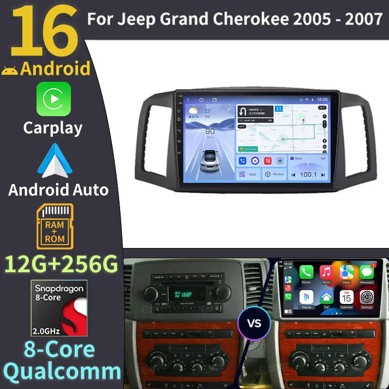 Android 16 Carplay Auto For JEEP Grand Cherokee WK 2004 2005 2006 2007 Multimedia Car Radio Navigation Player Video WIFI+4G DSP
