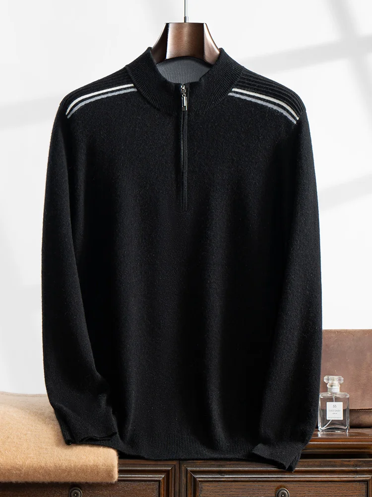 Men's Cashmere Zippers Pullovers Mock Neck Sweater Autumn Winter Smart Casual 100% Cashmere Knitwear Contrast Fold Shoulder Tops