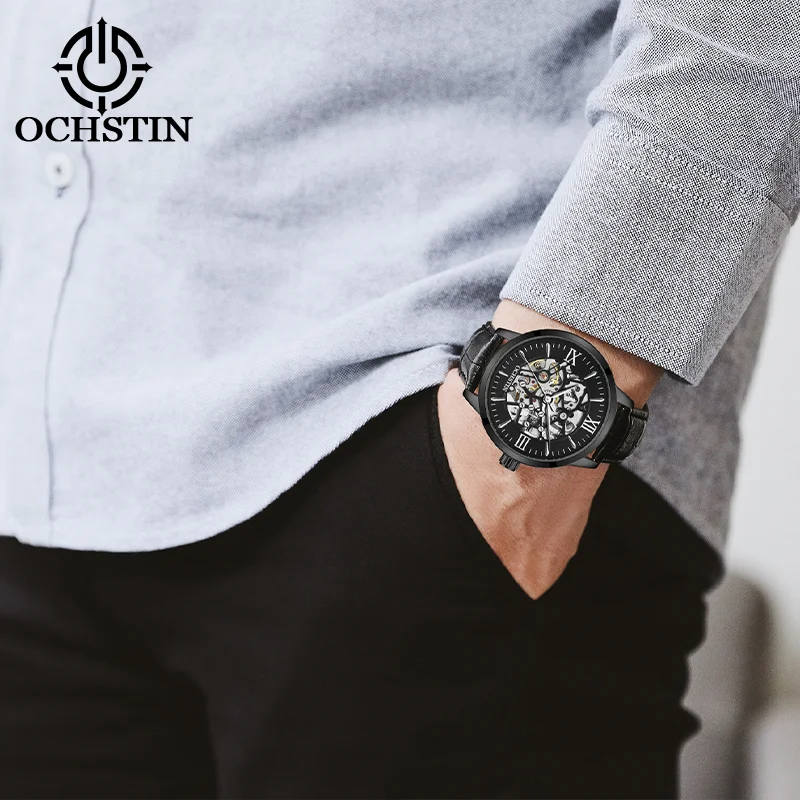 OCHSTIN Business Self‑winding Mechanical Watch for Men Master Collection Soft Comfortable Leather Band Water Resistant Clock