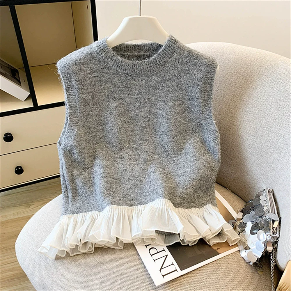 

2025 Korean Japanese Women Vintage Sleeveless Female Waistcoat vintage sweater Tops Pink Patchwork Ruffled Knitted Vest Sweater