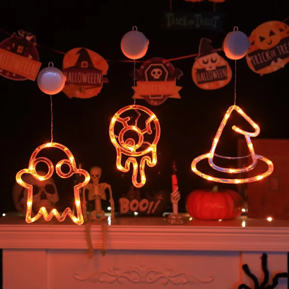 Halloween LED String Lights Pumpkin Spider Web Suction Cup Hanging Lamp Party Decor Haunted House Festival Decoration Ornament