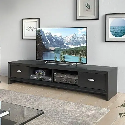 

Atlin Designs Large Modern Entertainment TV Stand Media Console with Storage, for TV's up to 80", in Black Wood Grain