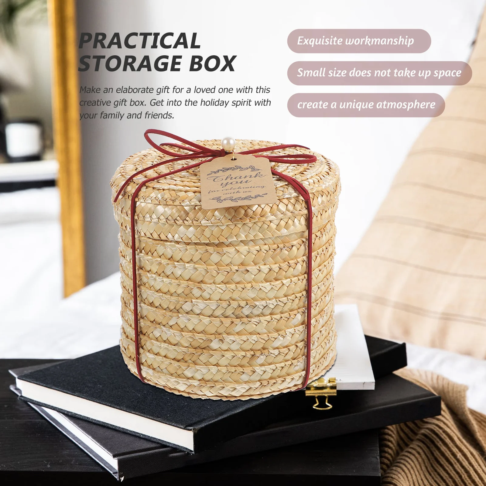 

Lidded Round Woven Storage Box Multi-Purpose Desktop Organizer Sundries Basket Office Supply Storage Decorative Gift Packaging