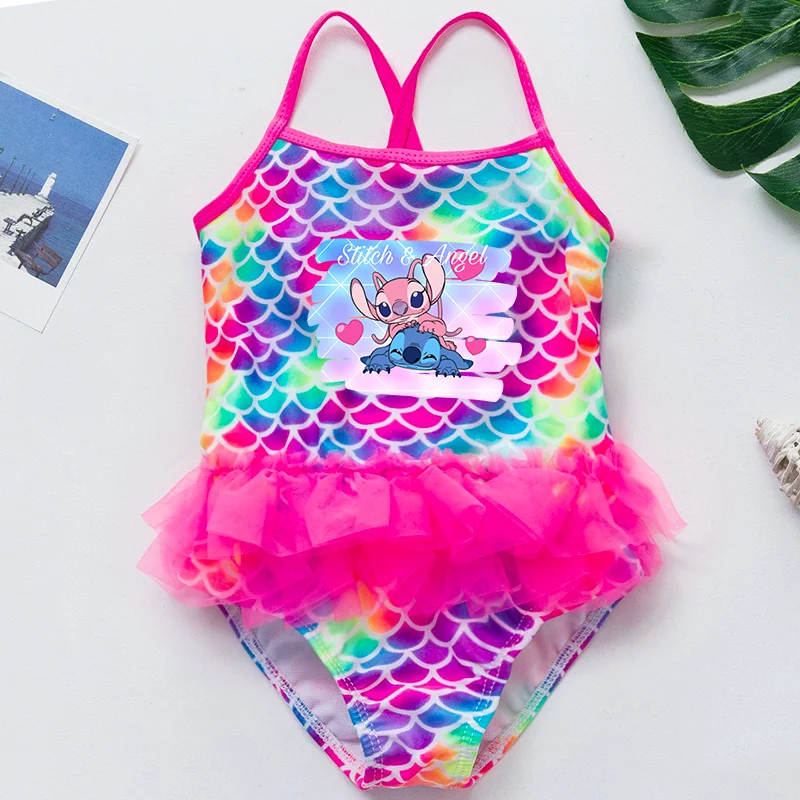 Lilo & Stitch Traje de baño de una pieza para niñas con estampado de escamas de sirena, traje de baño de verano para playa y piscina