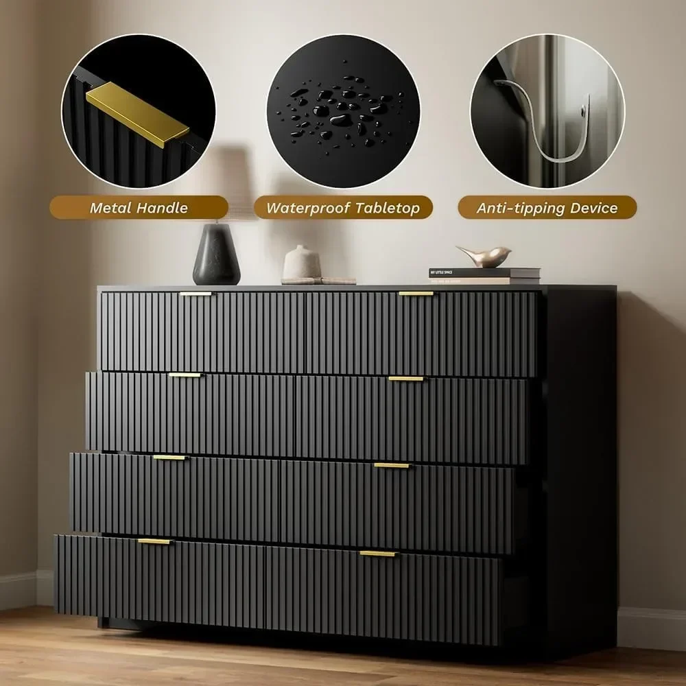 55" Wide Dresser Bedroom, Fluted 8-Drawer Double Dresser with Gold Handles, Modern Tall Chest of Drawers for Bedroom, Dressers image 5
