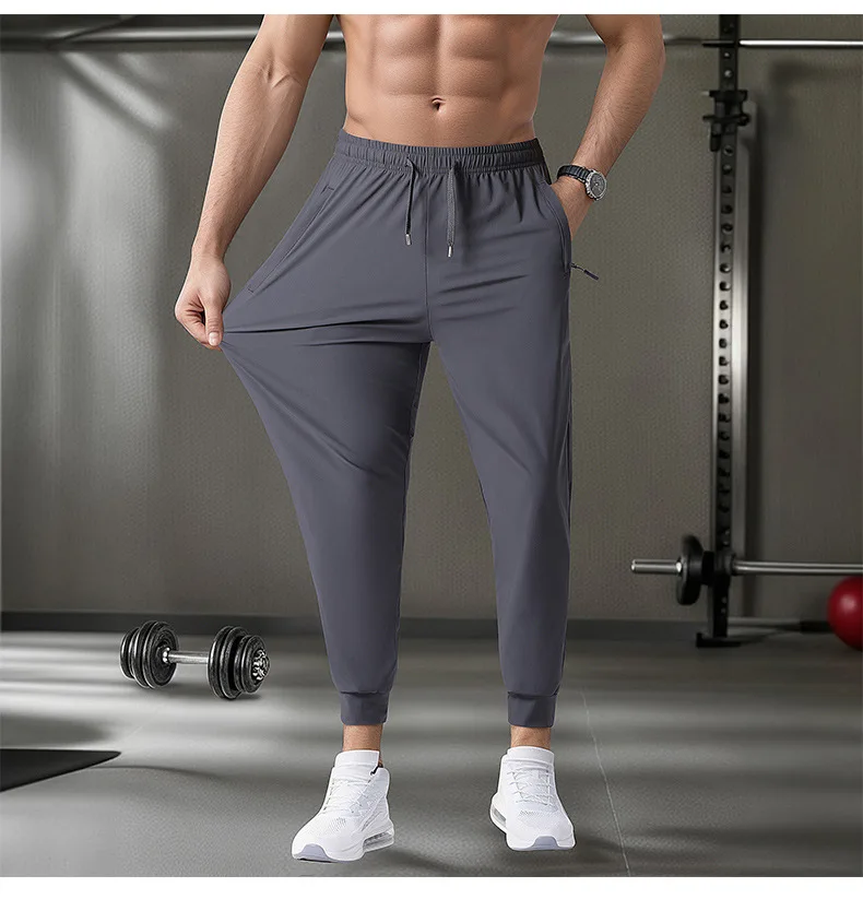 Herren Sommerhose aus Eisseide mit weitem Bein und Reißverschlusstaschen, atmungsaktive Jogging-Sporthose, lässige lange Hose – Detail 12