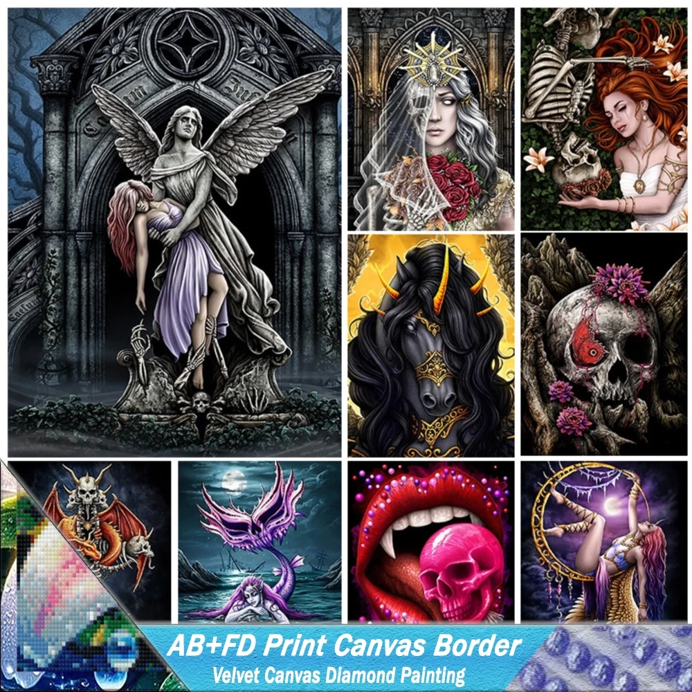 DIY 5D AB FD Print Canvas Border Diamond Painting Full Drill  Skeleton Fallen Angel Mosaic Hand Inlaid Embroidery Home Decor