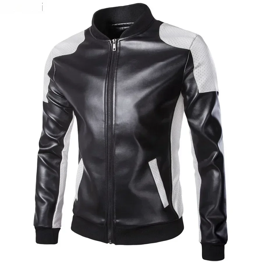 Men's Leather Jacket Windproof Breath Colorblock PU Leather Coats Fashion Casual Sports Men Motorcycle Jacket Plus Size 5XL