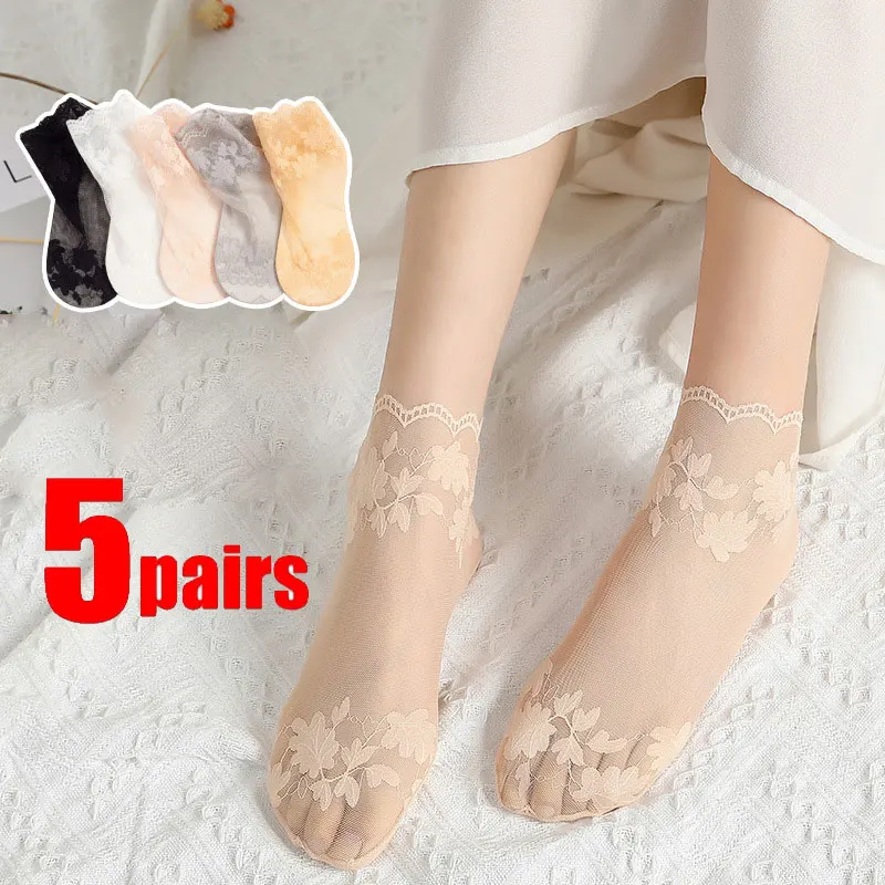 

5 Pairs Flower Leaves Silk Socks Women's Lace Transparent Invisible Summer Thin Non-slip Short Ankle Low Cut Boat Socks