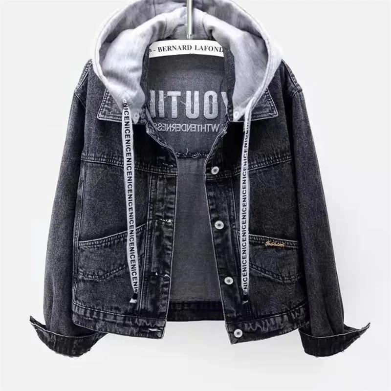 

2022 Spring New Denim Jacket Hooded Short Women's Korean Style Cowboy Coat Loose All-Match Embroidered Jeans Jackets Female Tops